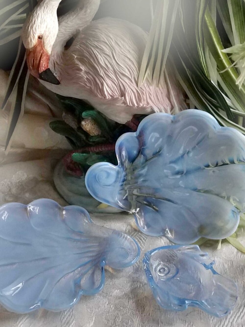 Duncan & Miller 1940s Blue Opalescent Glass Sanibel Shell & Fish 3-Pc Dish Set